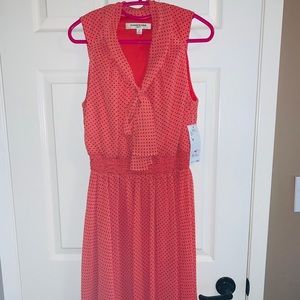 Coral Dress with Navy Polka Dots